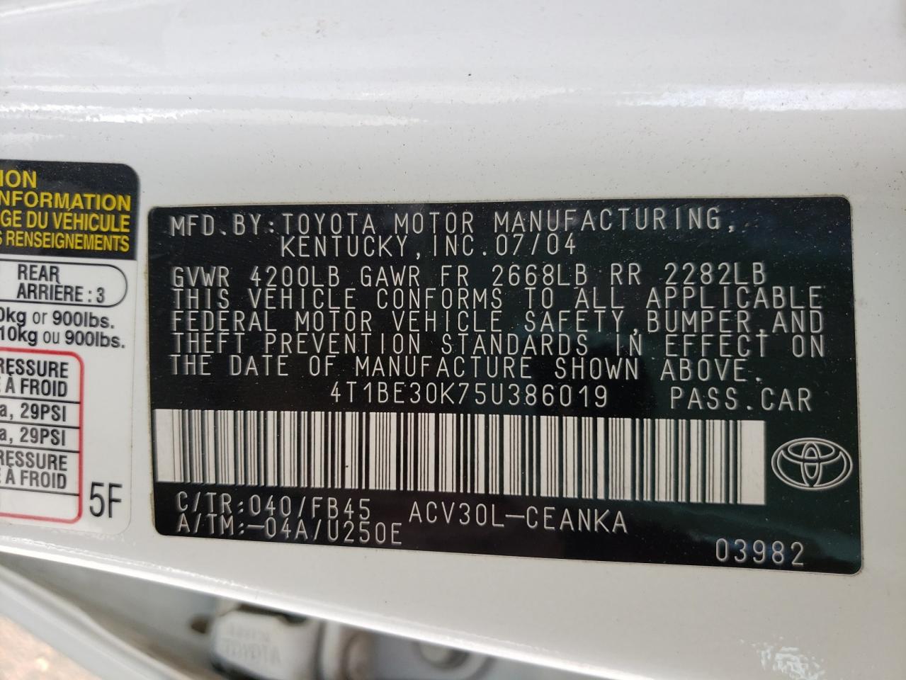 Photo 10 from auction – 2005 TOYOTA CAMRY LE with VIN 4T1BE30K75U386019