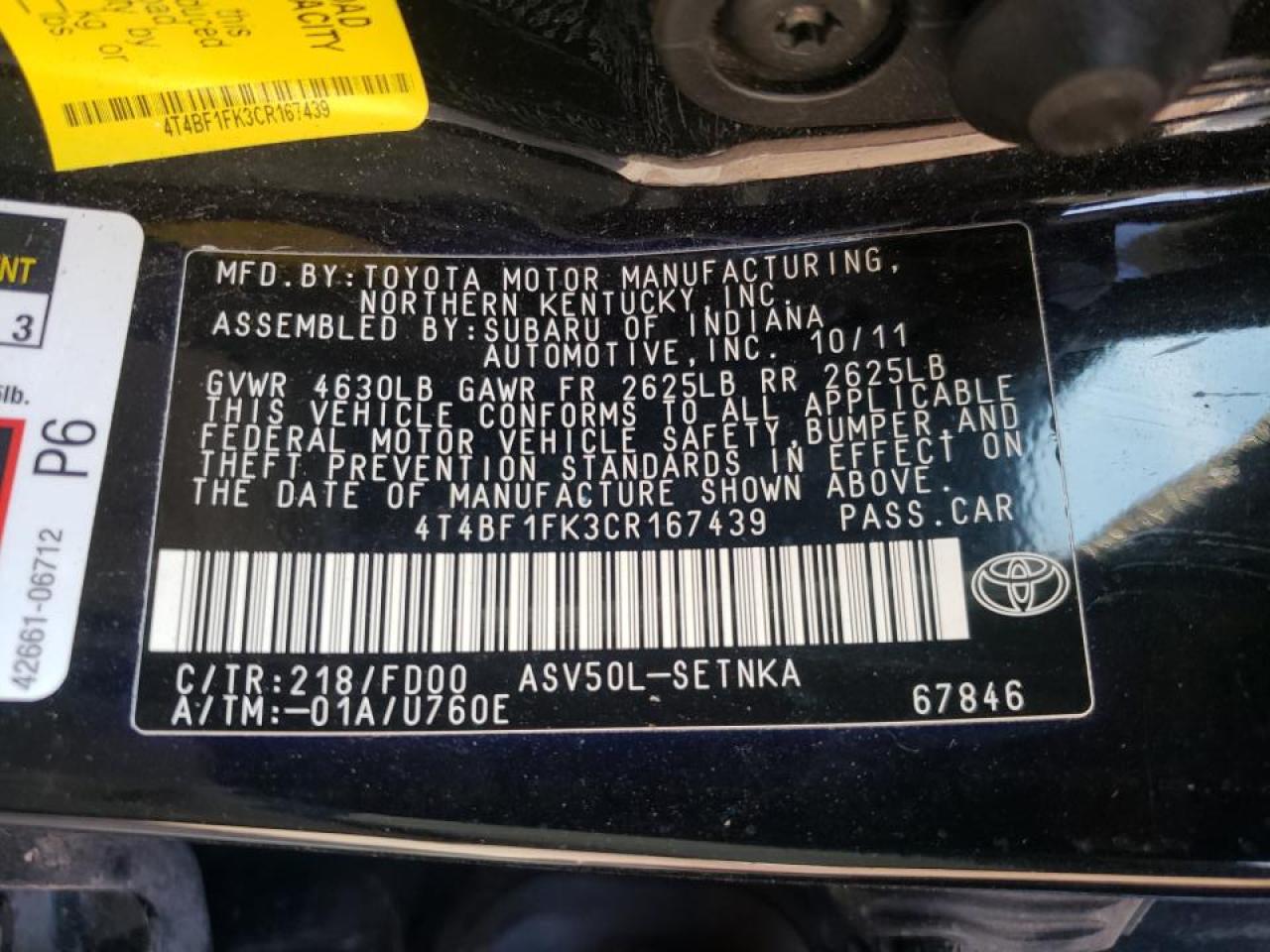 Photo 10 from auction – 2012 TOYOTA CAMRY BASE with VIN 4T4BF1FK3CR167439