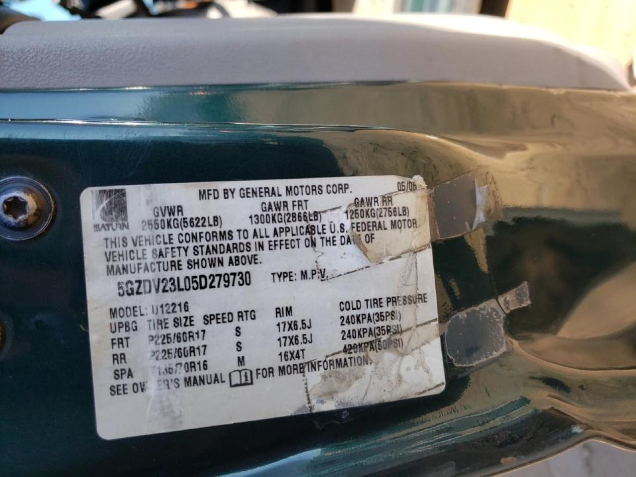 Photo 10 from auction – 2005 SATURN RELAY 3 with VIN 5GZDV23L05D279730