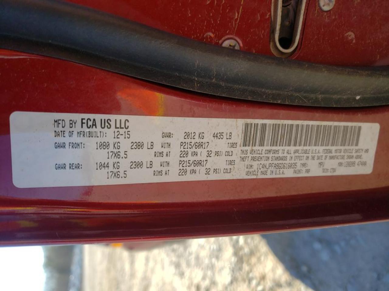 Photo 10 from auction – 2016 JEEP PATRIOT LA with VIN 1C4NJPFA9GD616035