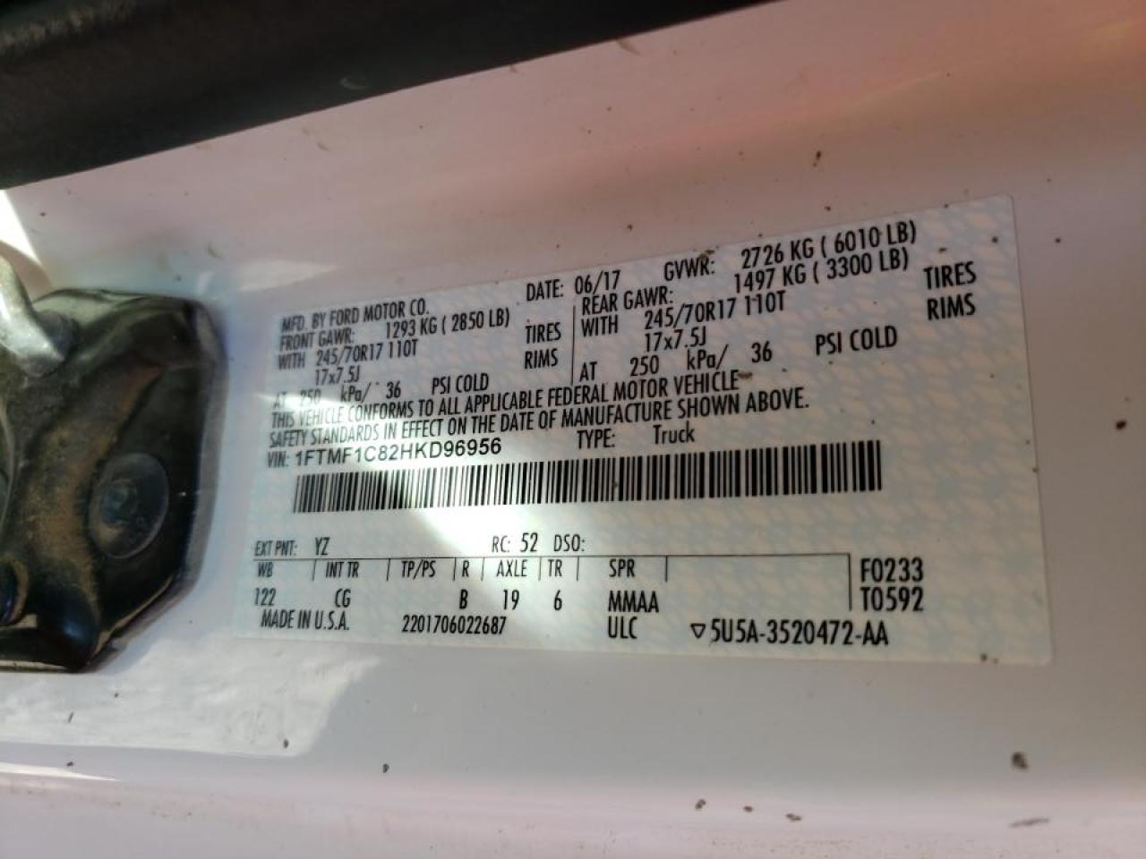 Photo 10 from auction – 2017 FORD F150 with VIN 1FTMF1C82HKD96956