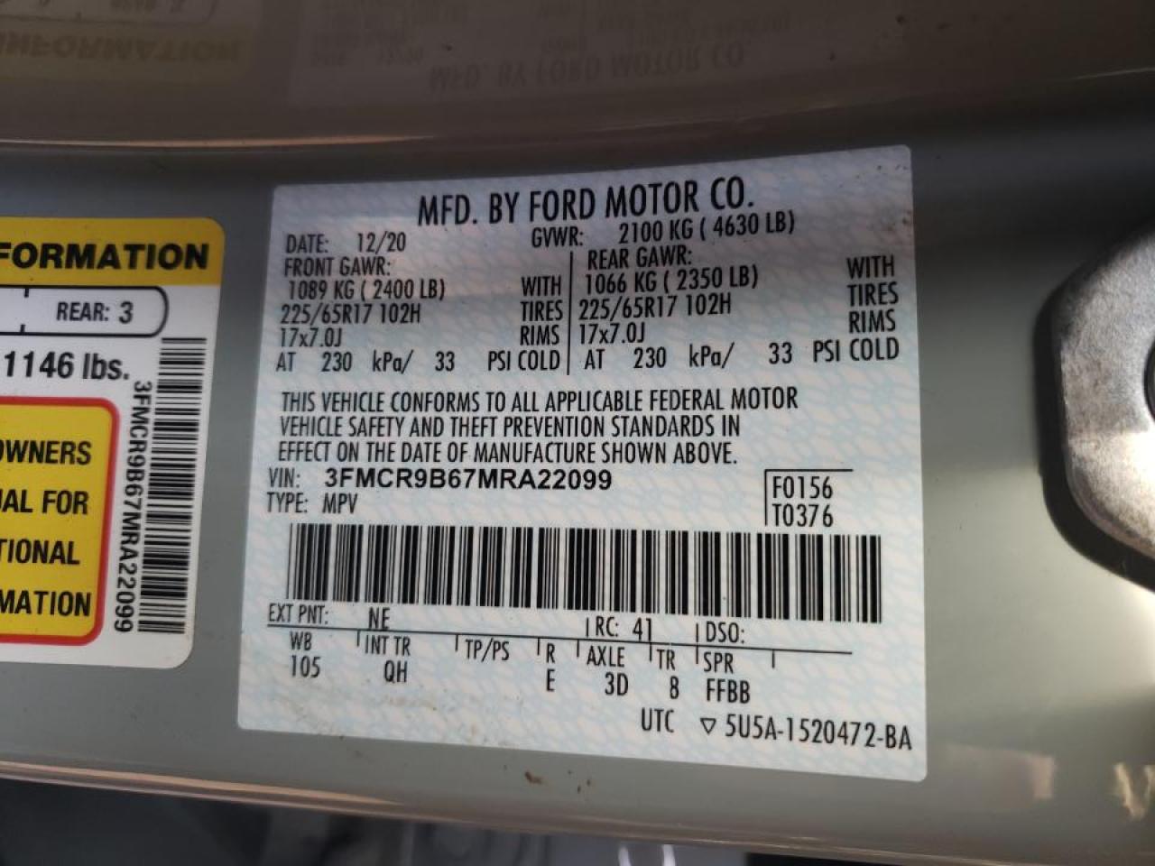 Photo 10 from auction – 2021 FORD BRONCO SPO with VIN 3FMCR9B67MRA22099