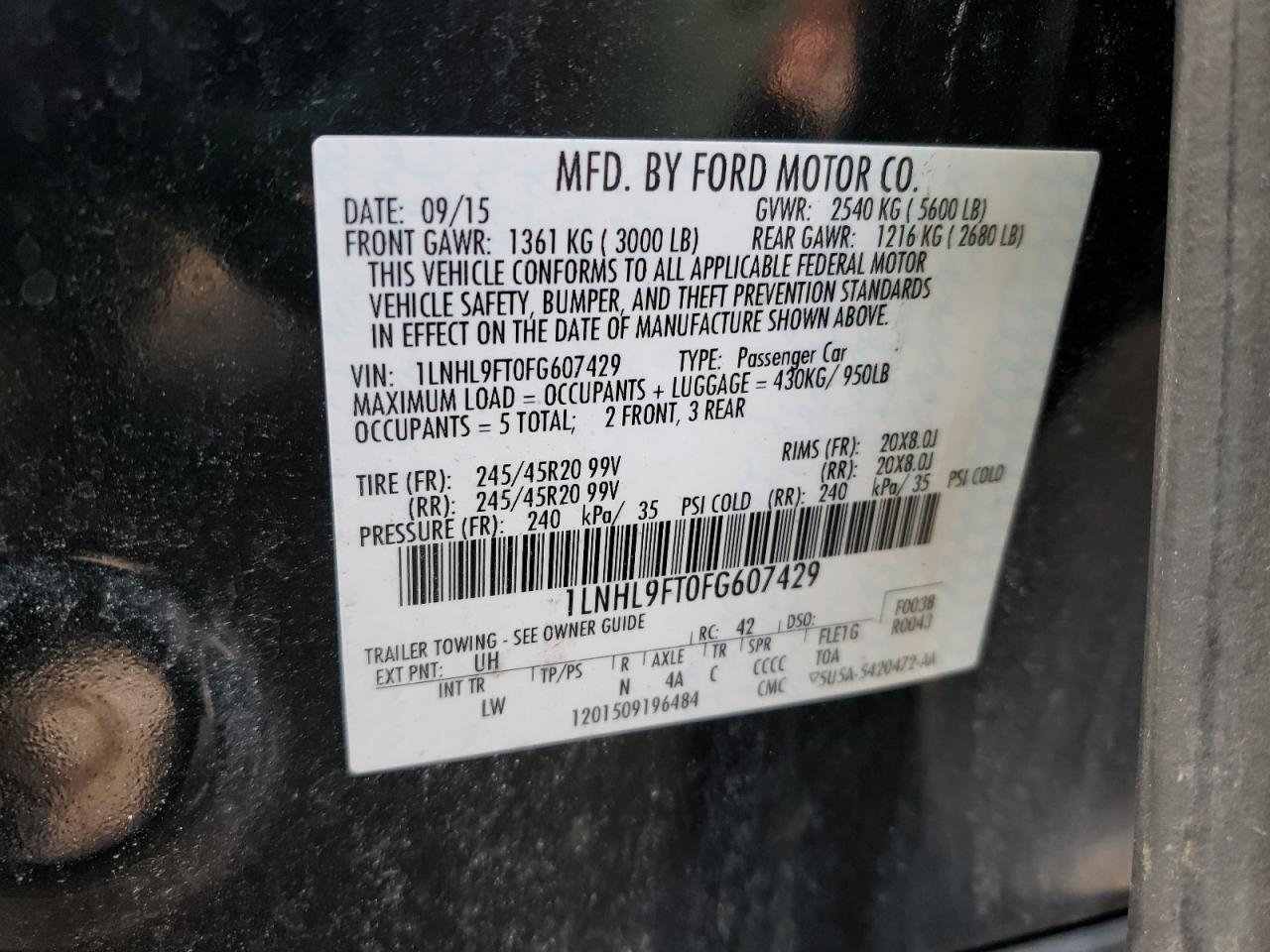Photo 10 from auction – 2015 LINCOLN MKS with VIN 1LNHL9FT0FG607429