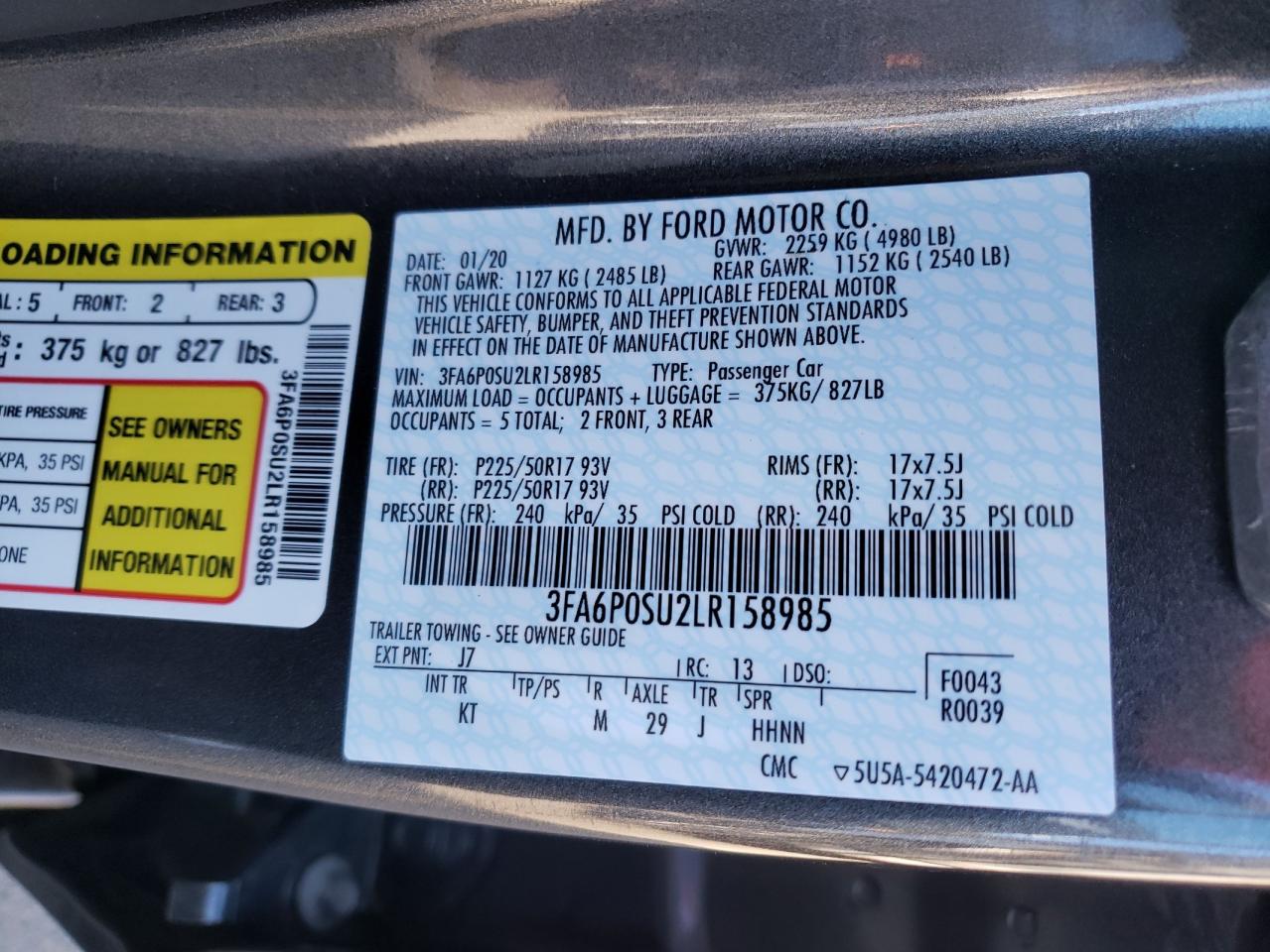 Photo 10 from auction – 2020 FORD FUSION TIT with VIN 3FA6P0SU2LR158985