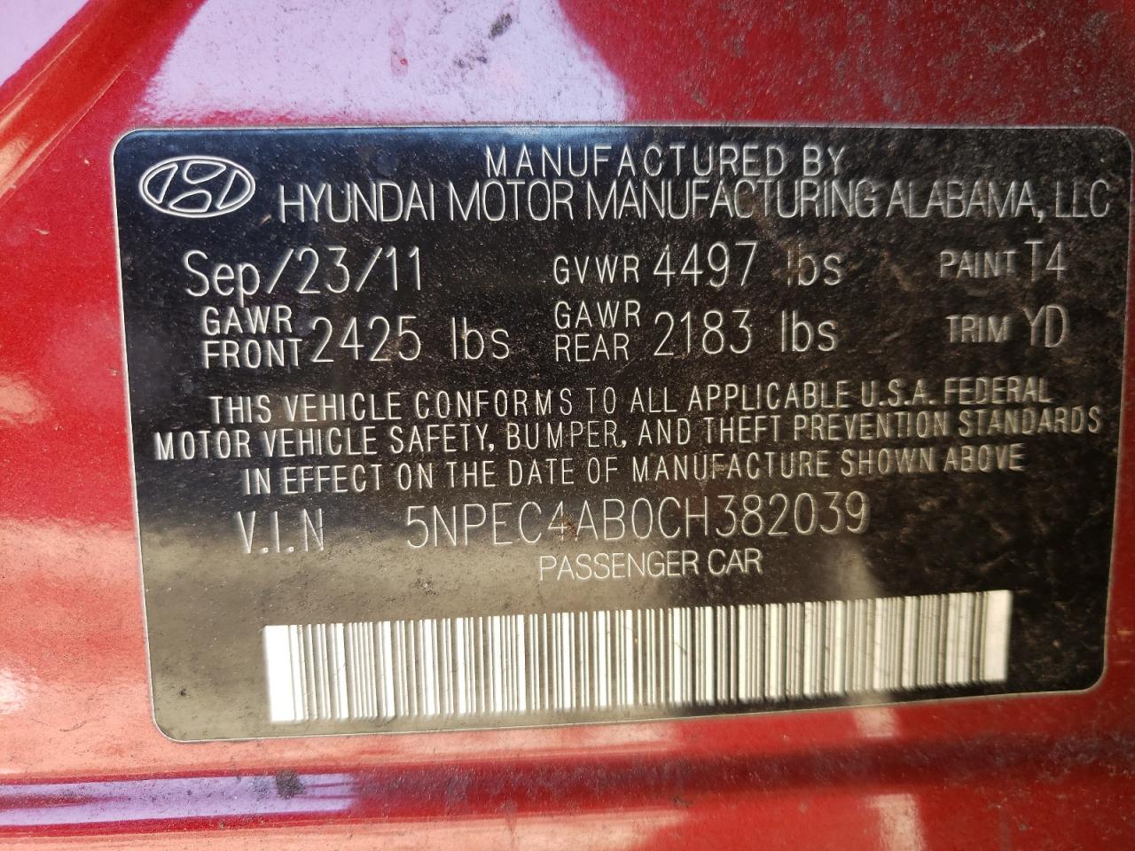 Photo 10 from auction – 2012 HYUNDAI SONATA SE with VIN 5NPEC4AB0CH382039