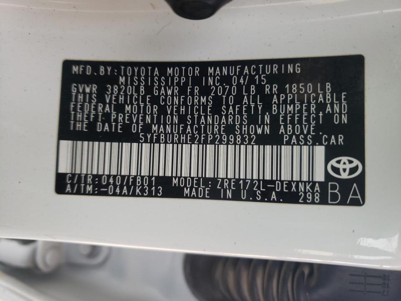 Photo 10 from auction – 2015 TOYOTA COROLLA L with VIN 5YFBURHE2FP299832