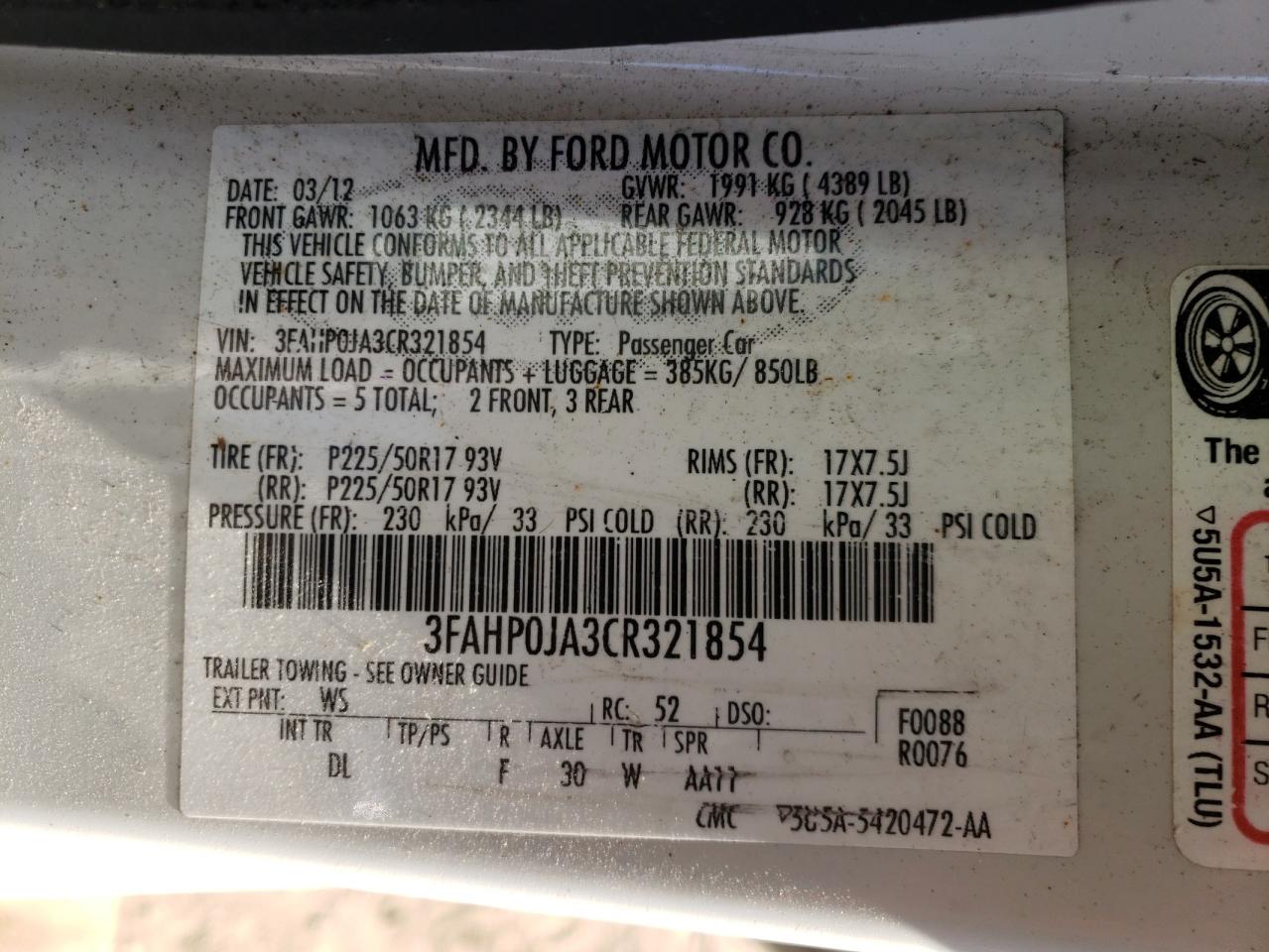 Photo 10 from auction – 2012 FORD FUSION SEL with VIN 3FAHP0JA3CR321854