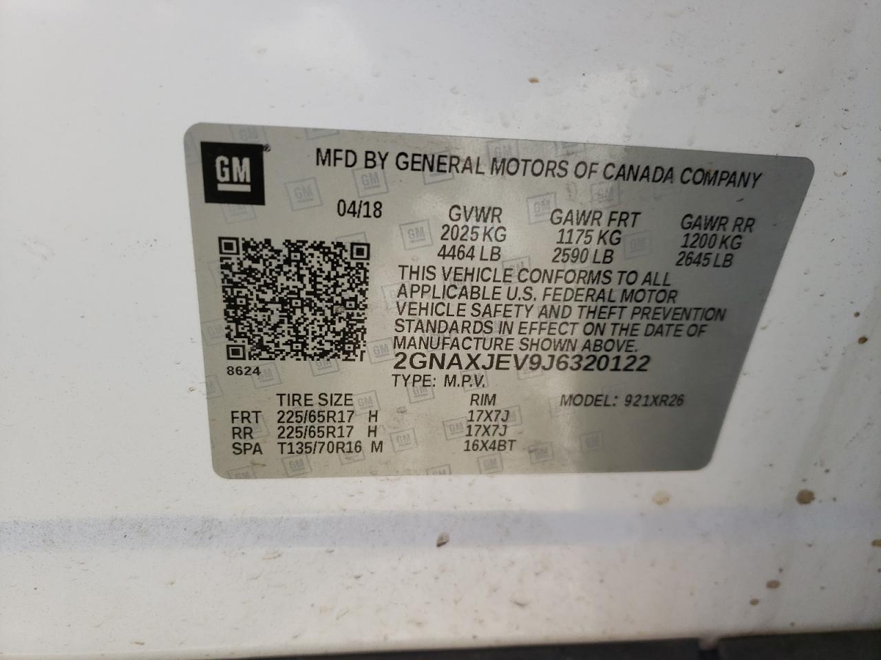 Photo 10 from auction – 2018 CHEVROLET EQUINOX LT with VIN 2GNAXJEV9J6320122