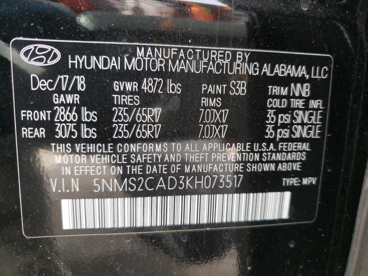 Photo 10 from auction – 2019 HYUNDAI SANTA FE S with VIN 5NMS2CAD3KH073517