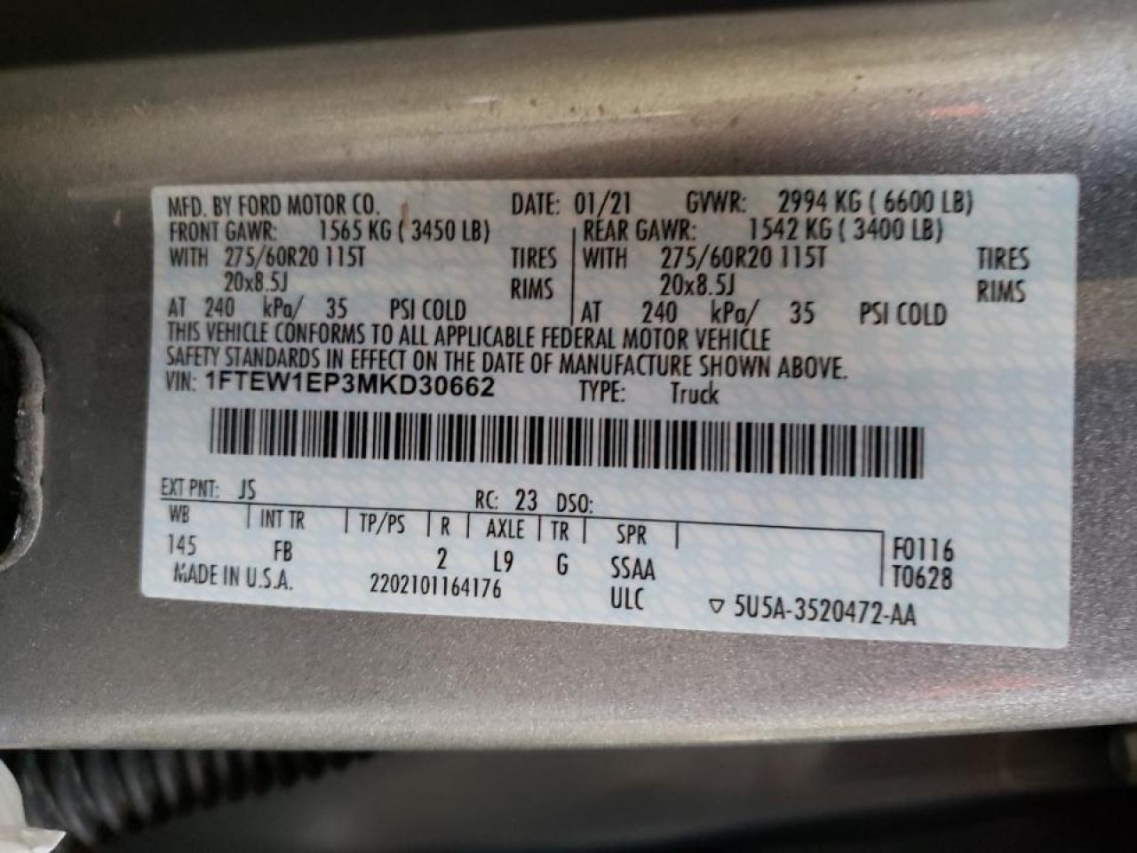 Photo 10 from auction – 2021 FORD F150 SUPER with VIN 1FTEW1EP3MKD30662