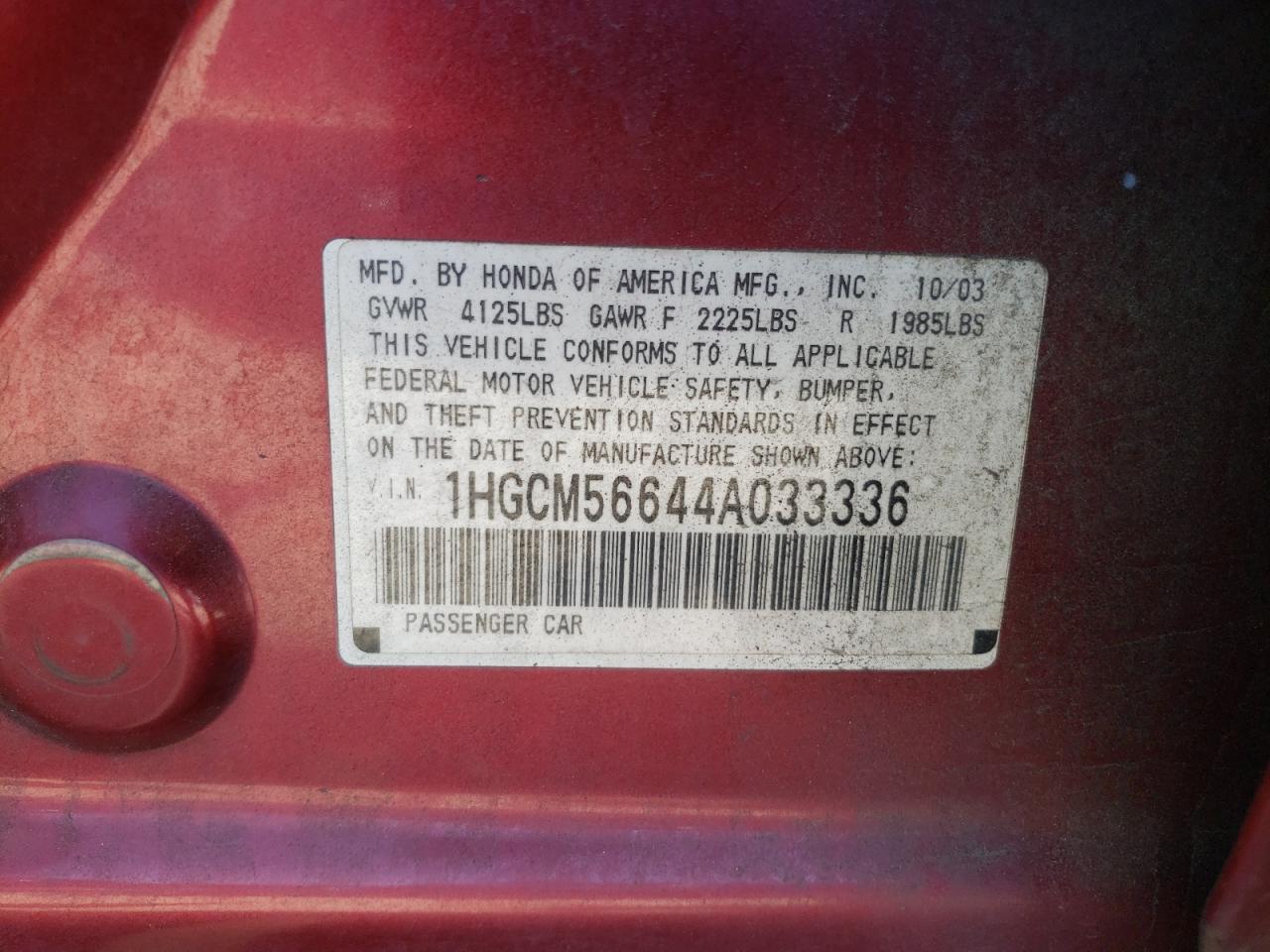 Photo 10 from auction – 2004 HONDA ACCORD EX with VIN 1HGCM56644A033336
