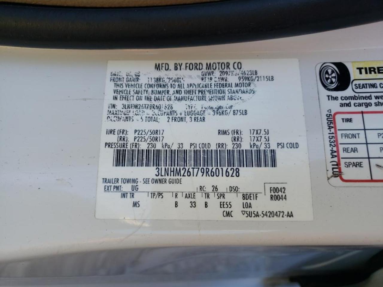 Photo 10 from auction – 2009 LINCOLN MKZ with VIN 3LNHM26T79R601628