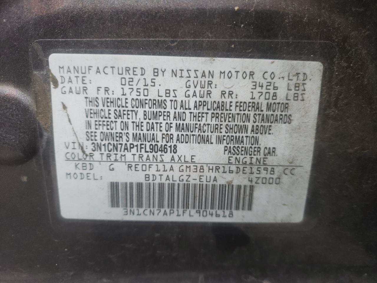 Photo 10 from auction – 2015 NISSAN VERSA S with VIN 3N1CN7AP1FL904618