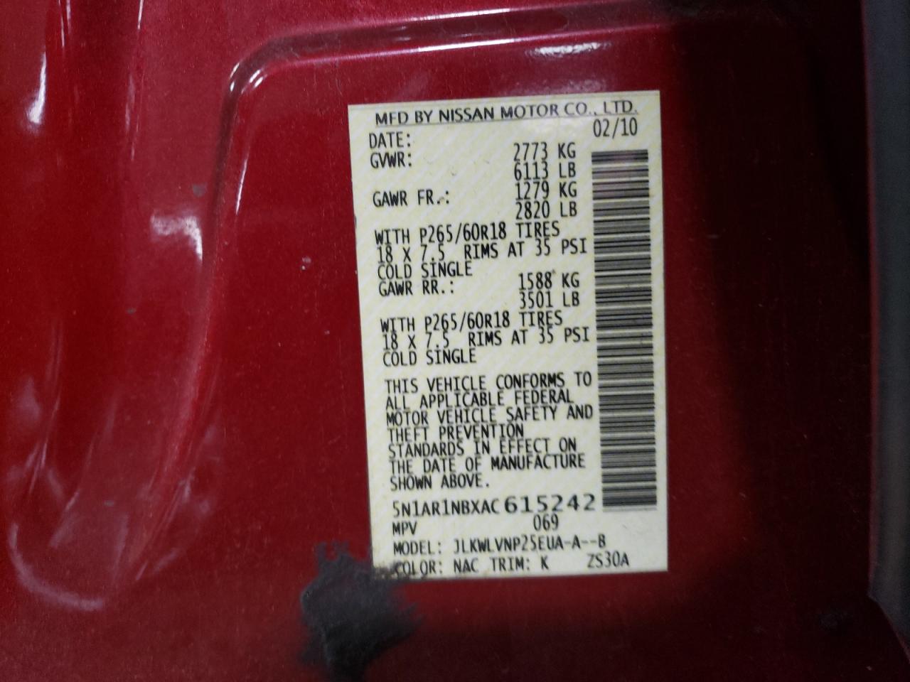 Photo 10 from auction – 2010 NISSAN PATHFINDER with VIN 5N1AR1NBXAC615242