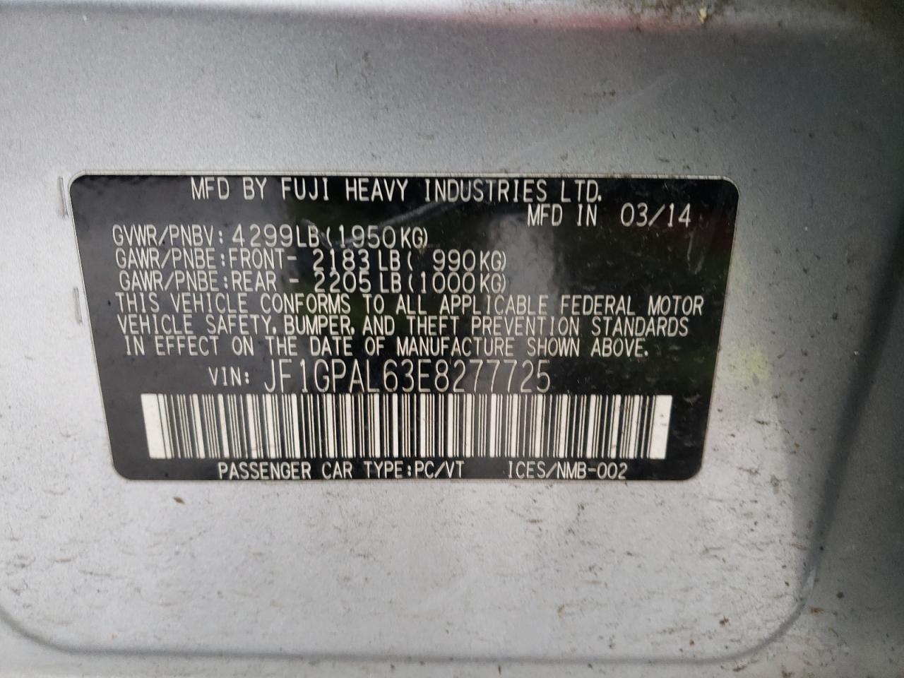 Photo 10 from auction – 2014 SUBARU IMPREZA SP with VIN JF1GPAL63E8277725