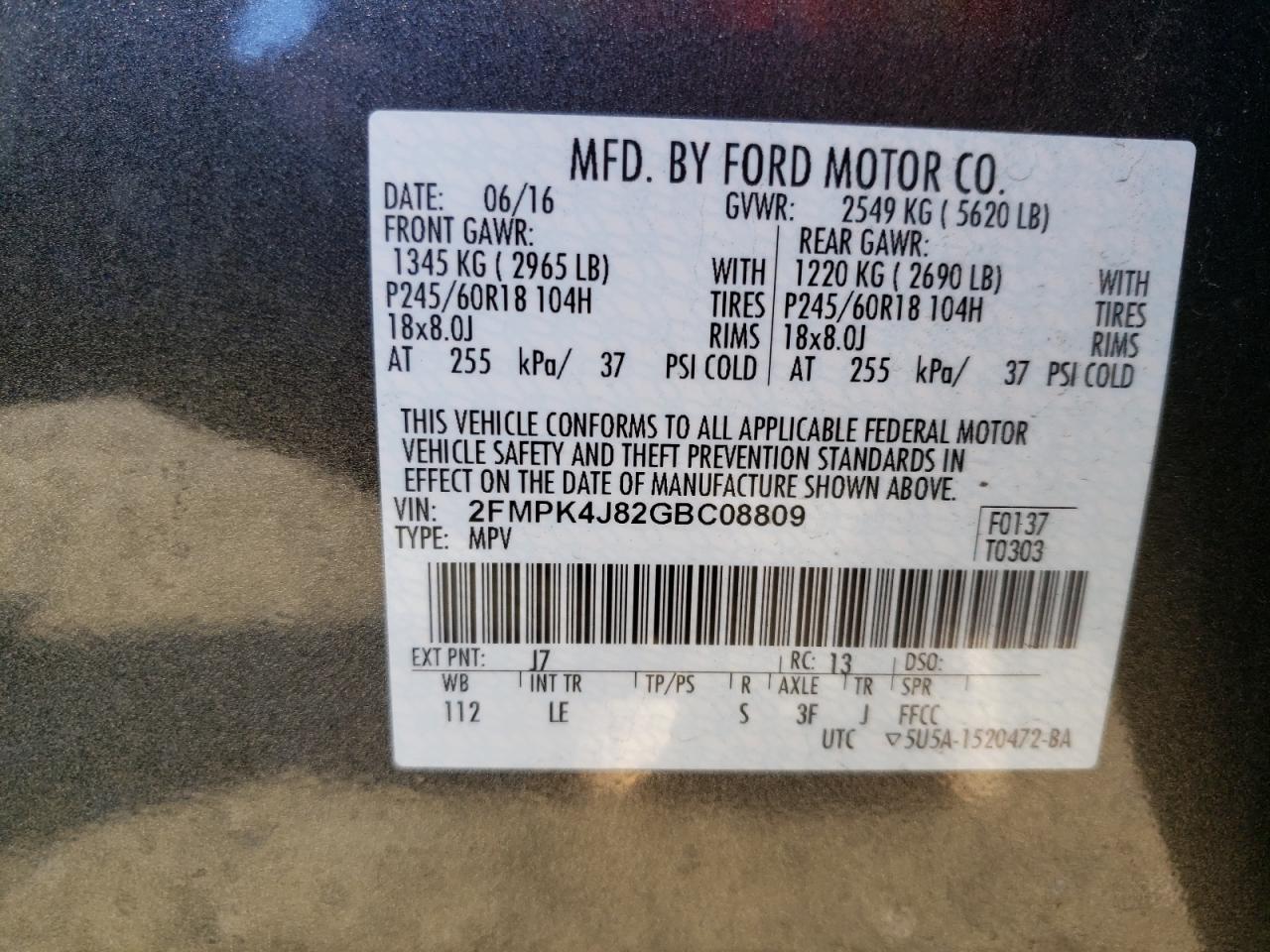 Photo 10 from auction – 2016 FORD EDGE SEL with VIN 2FMPK4J82GBC08809