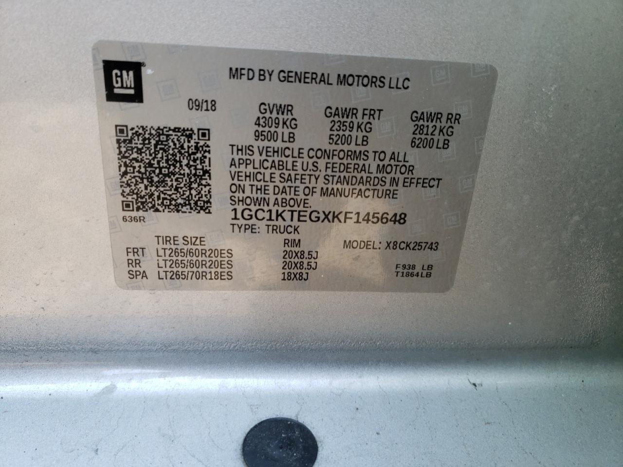 Photo 10 from auction – 2019 CHEVROLET SILVERADO with VIN 1GC1KTEGXKF145648