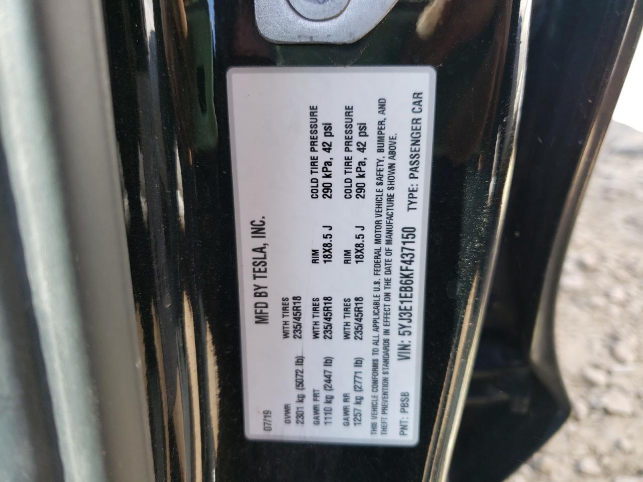 Photo 10 from auction – 2019 TESLA MODEL 3 with VIN 5YJ3E1EB6KF437150