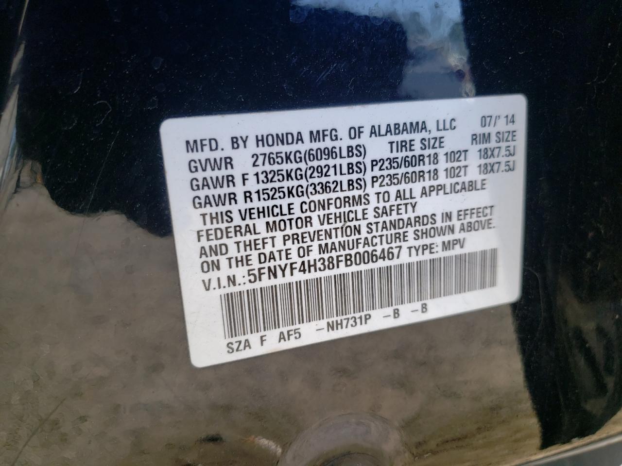 Photo 10 from auction – 2015 HONDA PILOT SE with VIN 5FNYF4H38FB006467