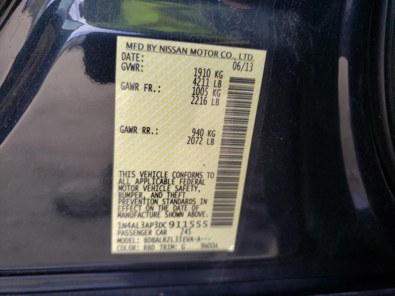 Photo 10 from auction – 2013 NISSAN ALTIMA 2.5 with VIN 1N4AL3AP3DC911555