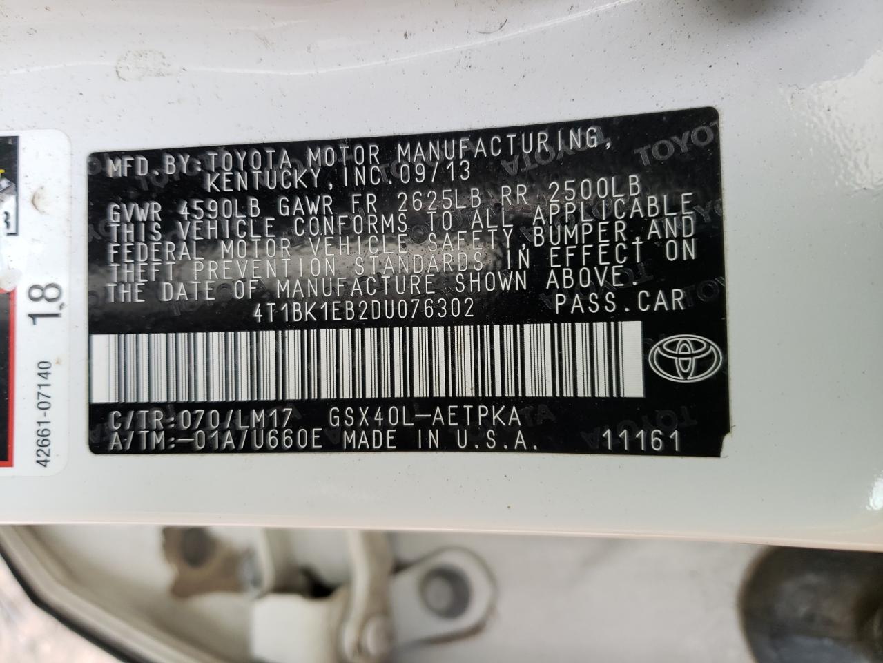 Photo 10 from auction – 2013 TOYOTA AVALON BAS with VIN 4T1BK1EB2DU076302