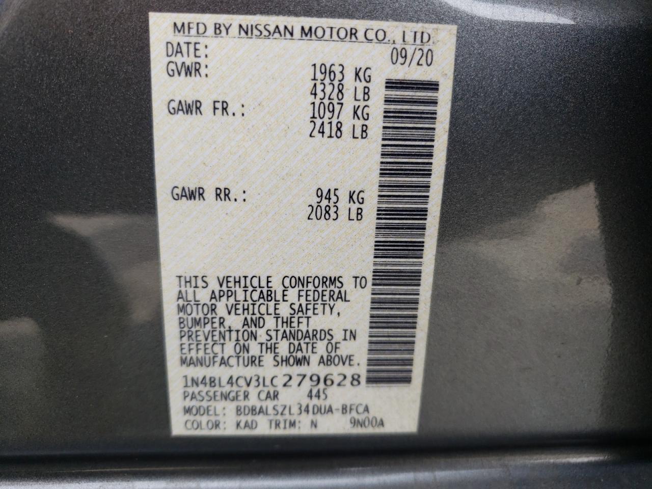 Photo 10 from auction – 2020 NISSAN ALTIMA SR with VIN 1N4BL4CV3LC279628