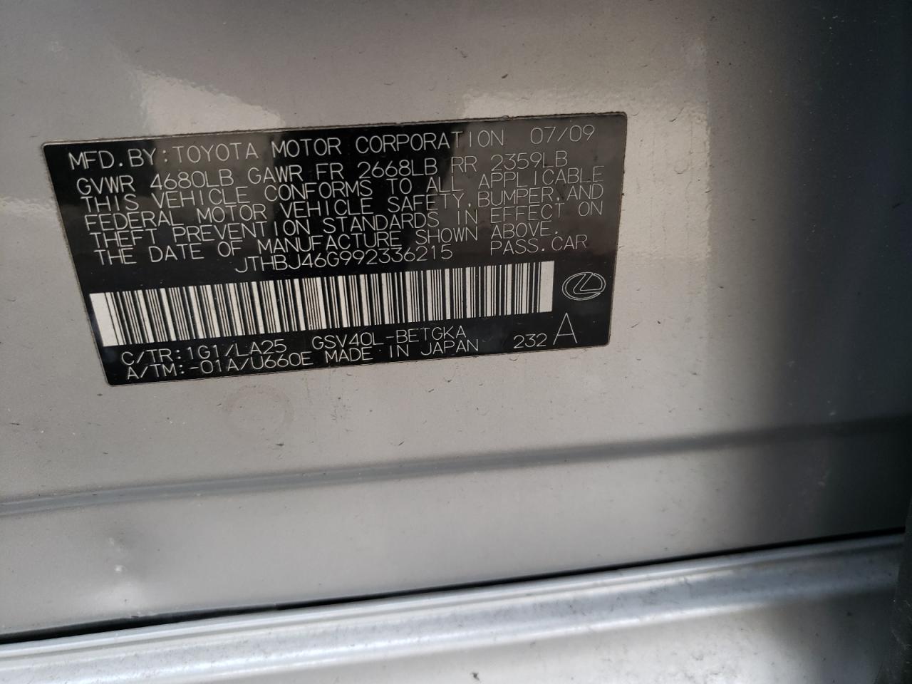 Photo 10 from auction – 2009 LEXUS ES 350 with VIN JTHBJ46G992336215