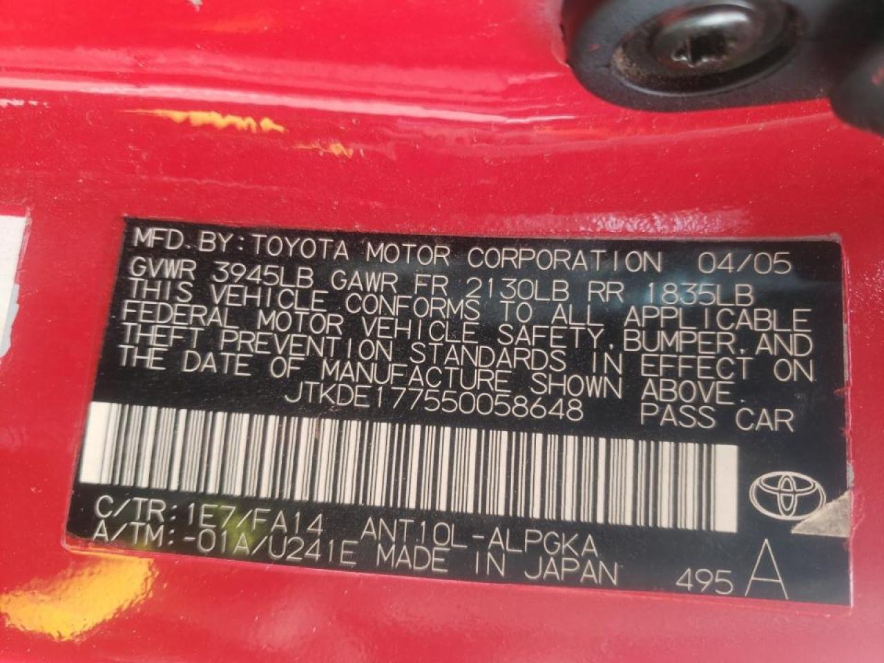 Photo 10 from auction – 2005 TOYOTA SCION TC with VIN JTKDE177550058648
