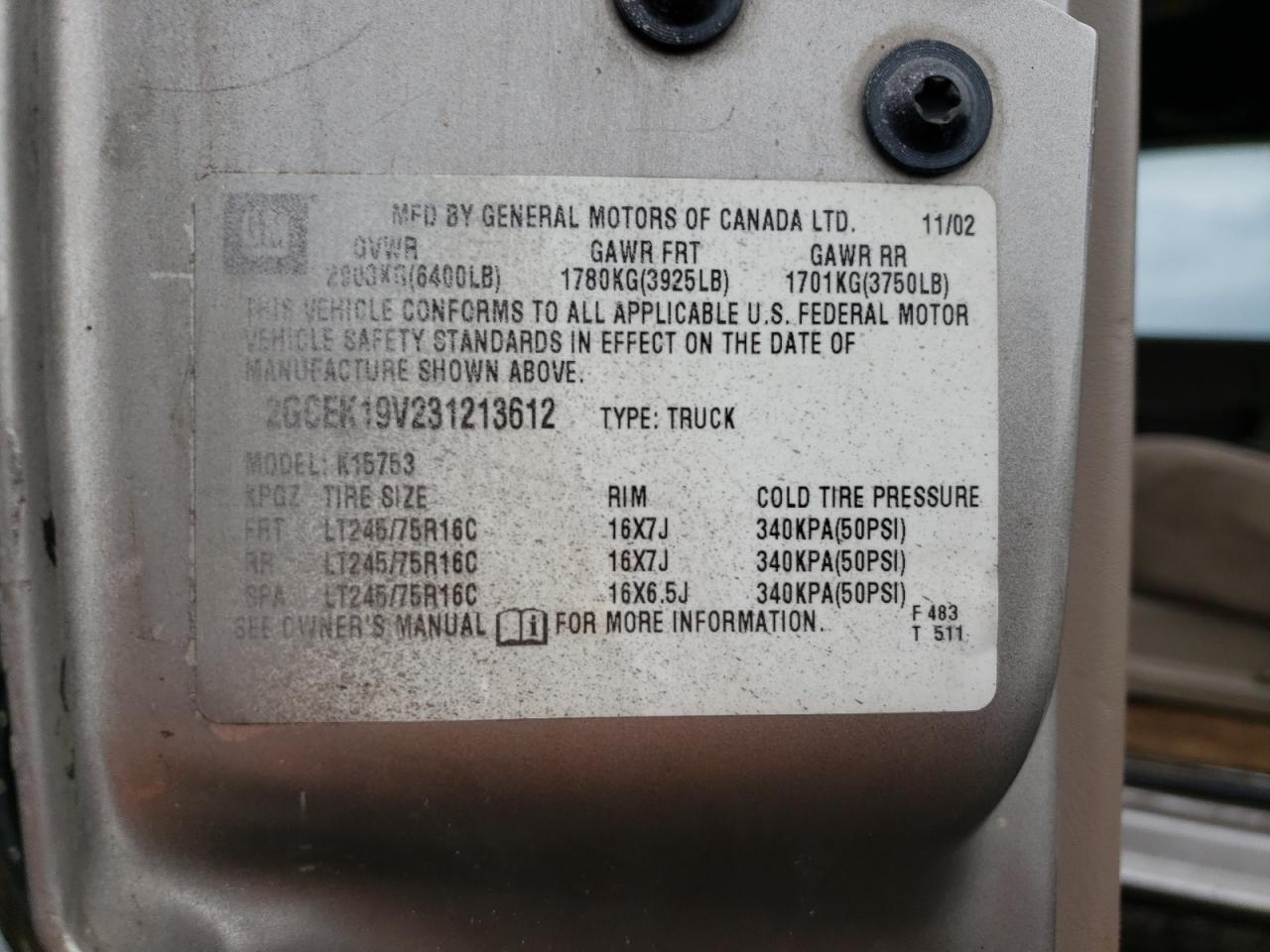 Photo 10 from auction – 2003 CHEVROLET SILVERADO with VIN 2GCEK19V231213612
