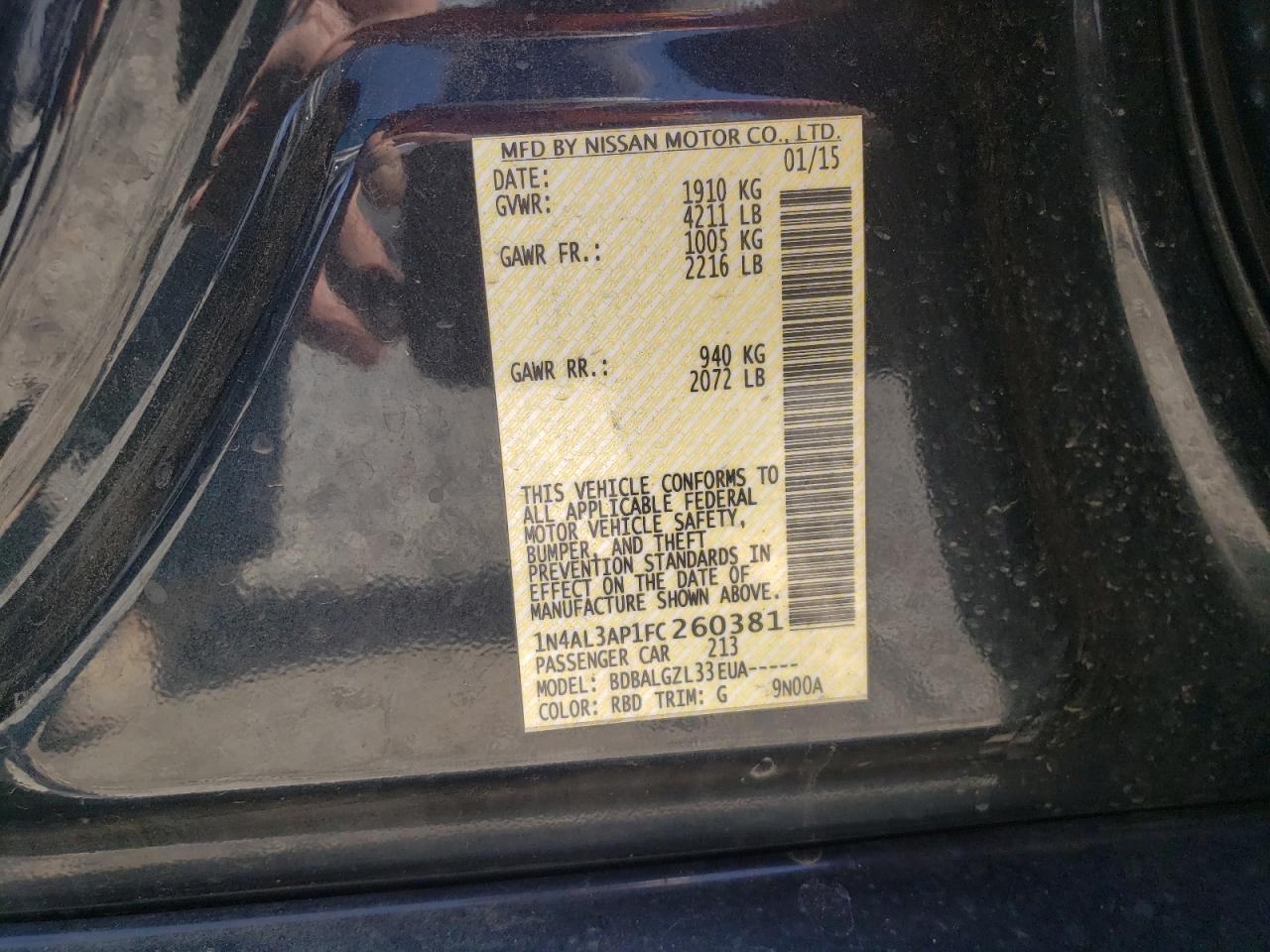 Photo 10 from auction – 2015 NISSAN ALTIMA 2.5 with VIN 1N4AL3AP1FC260381