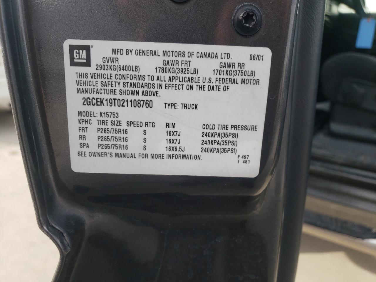 Photo 10 from auction – 2002 CHEVROLET SILVERADO with VIN 2GCEK19T021108760