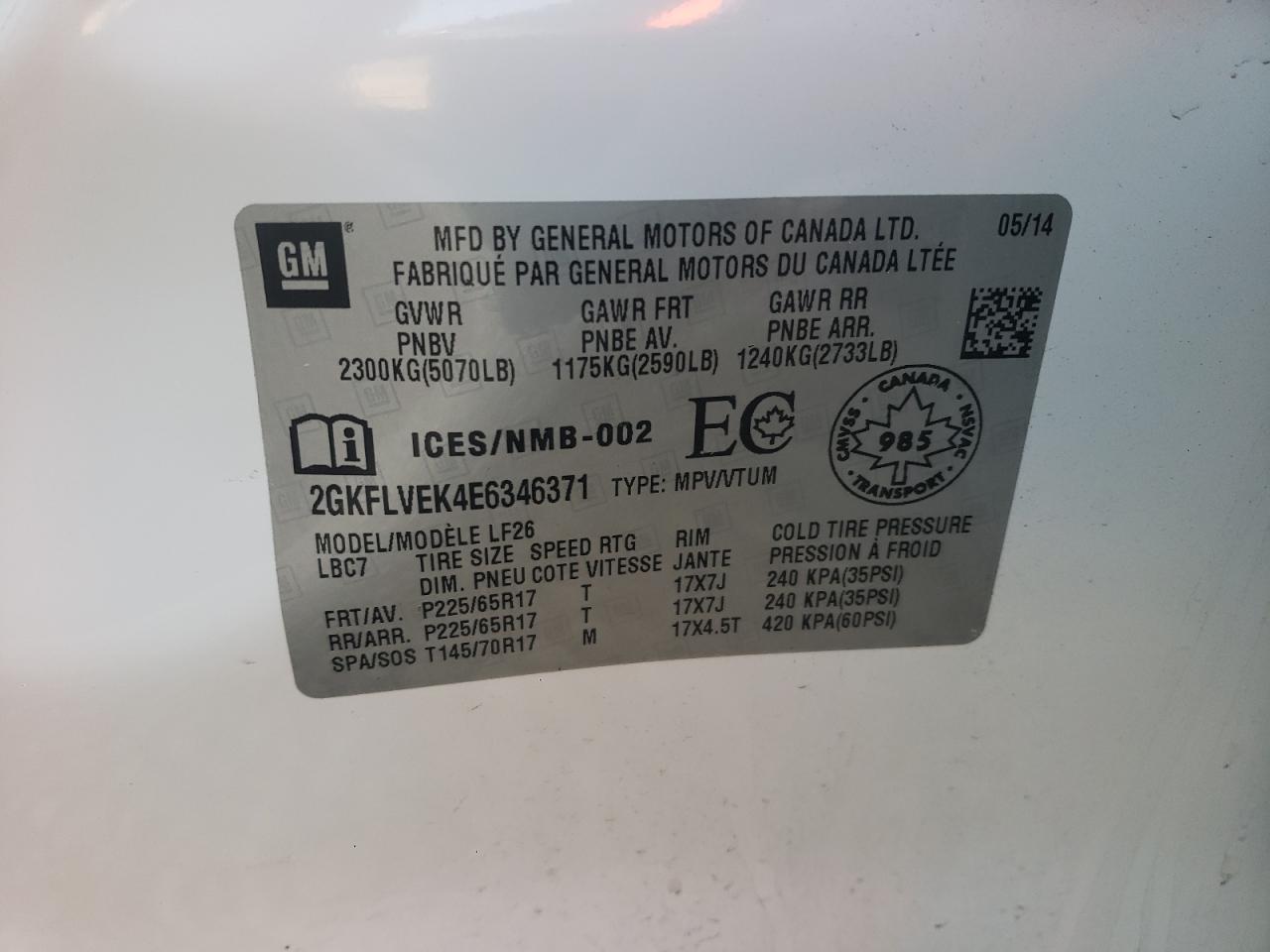 Photo 10 from auction – 2014 GMC TERRAIN SL with VIN 2GKFLVEK4E6346371