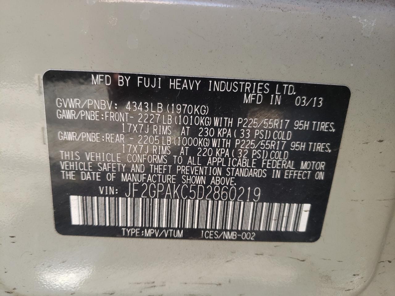 Photo 10 from auction – 2013 SUBARU XV CROSSTR with VIN JF2GPAKC5D2860219
