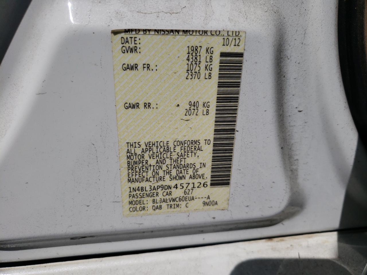 Photo 10 from auction – 2013 NISSAN ALTIMA 3.5 with VIN 1N4BL3AP9DN457126