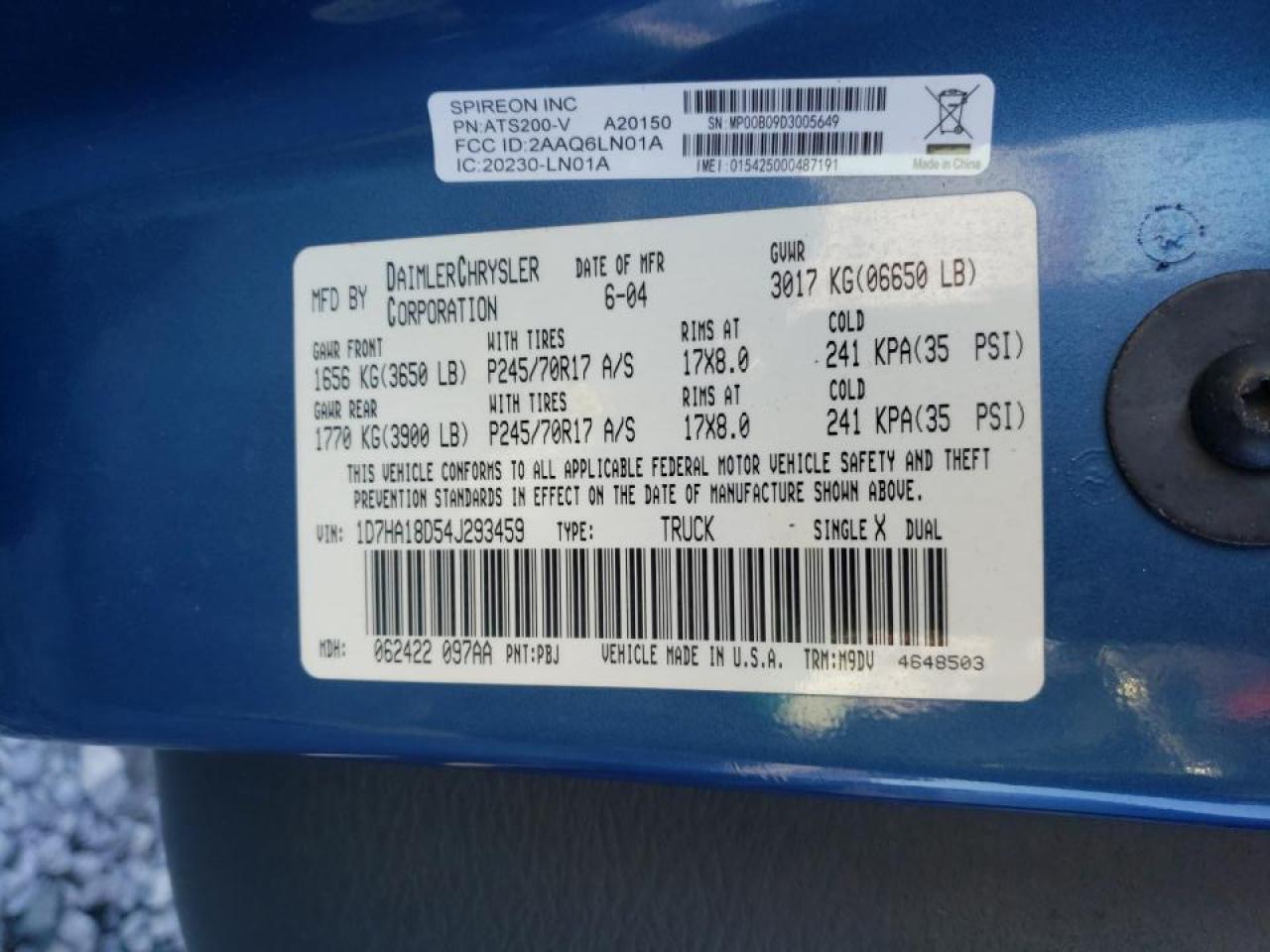 Photo 10 from auction – 2004 DODGE RAM 1500 S with VIN 1D7HA18D54J293459