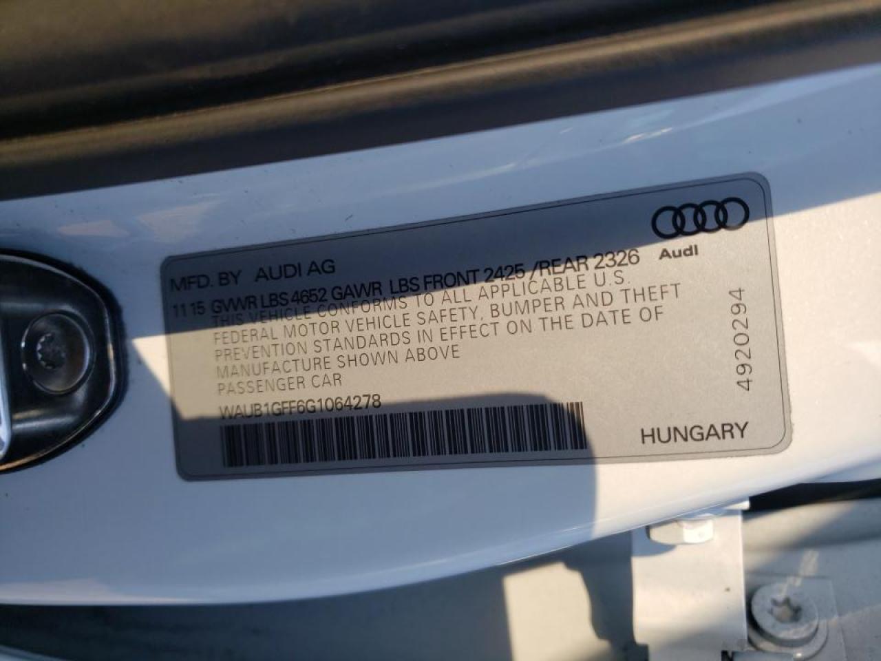 Photo 10 from auction – 2016 AUDI S3 PREMIUM with VIN WAUB1GFF6G1064278