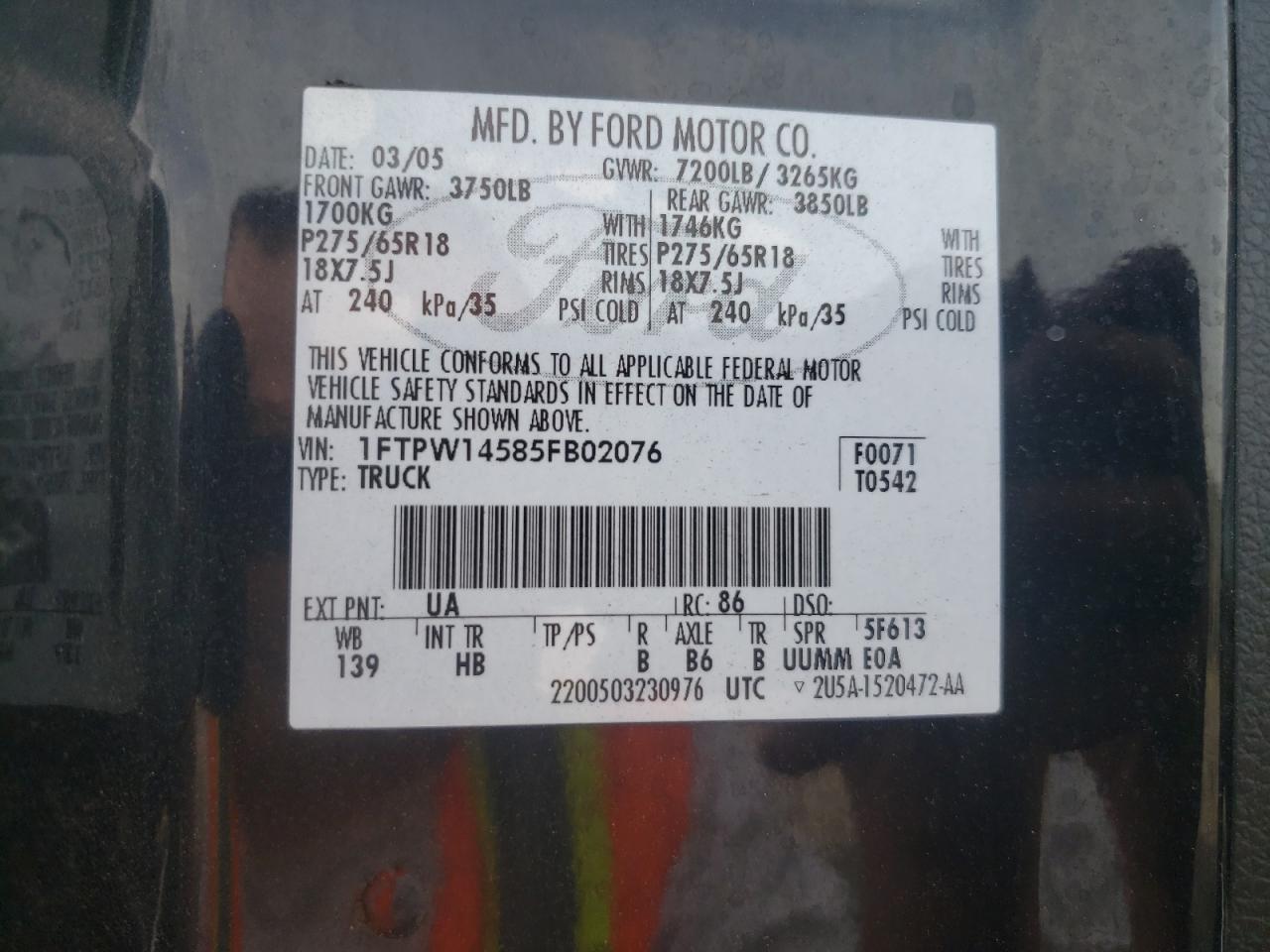 Photo 10 from auction – 2005 FORD F150 SUPER with VIN 1FTPW14585FB02076