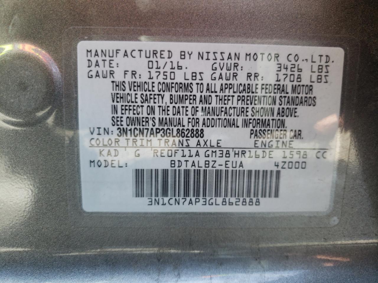 Photo 10 from auction – 2016 NISSAN VERSA S with VIN 3N1CN7AP3GL862888