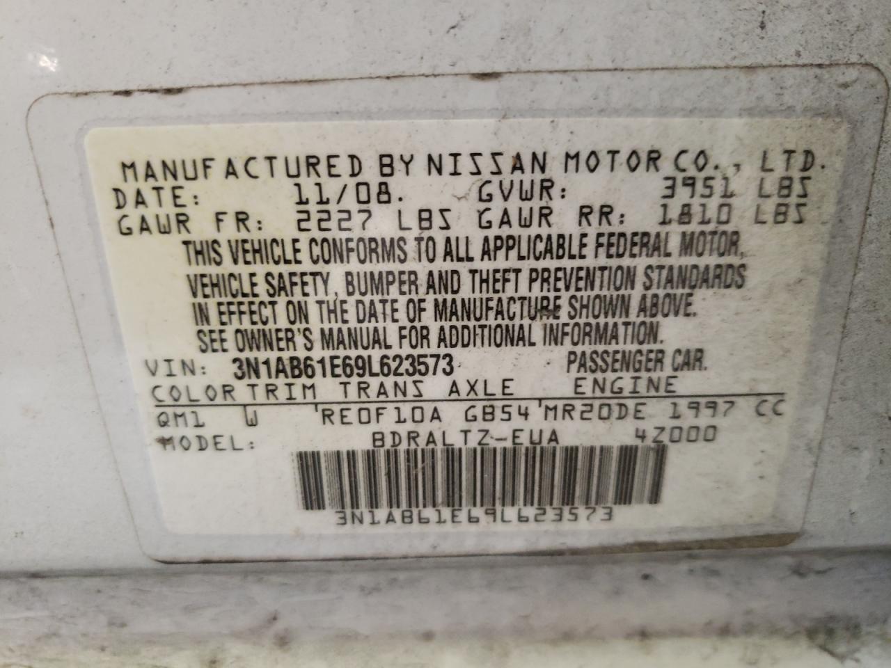 Photo 10 from auction – 2009 NISSAN SENTRA 2.0 with VIN 3N1AB61E69L623573