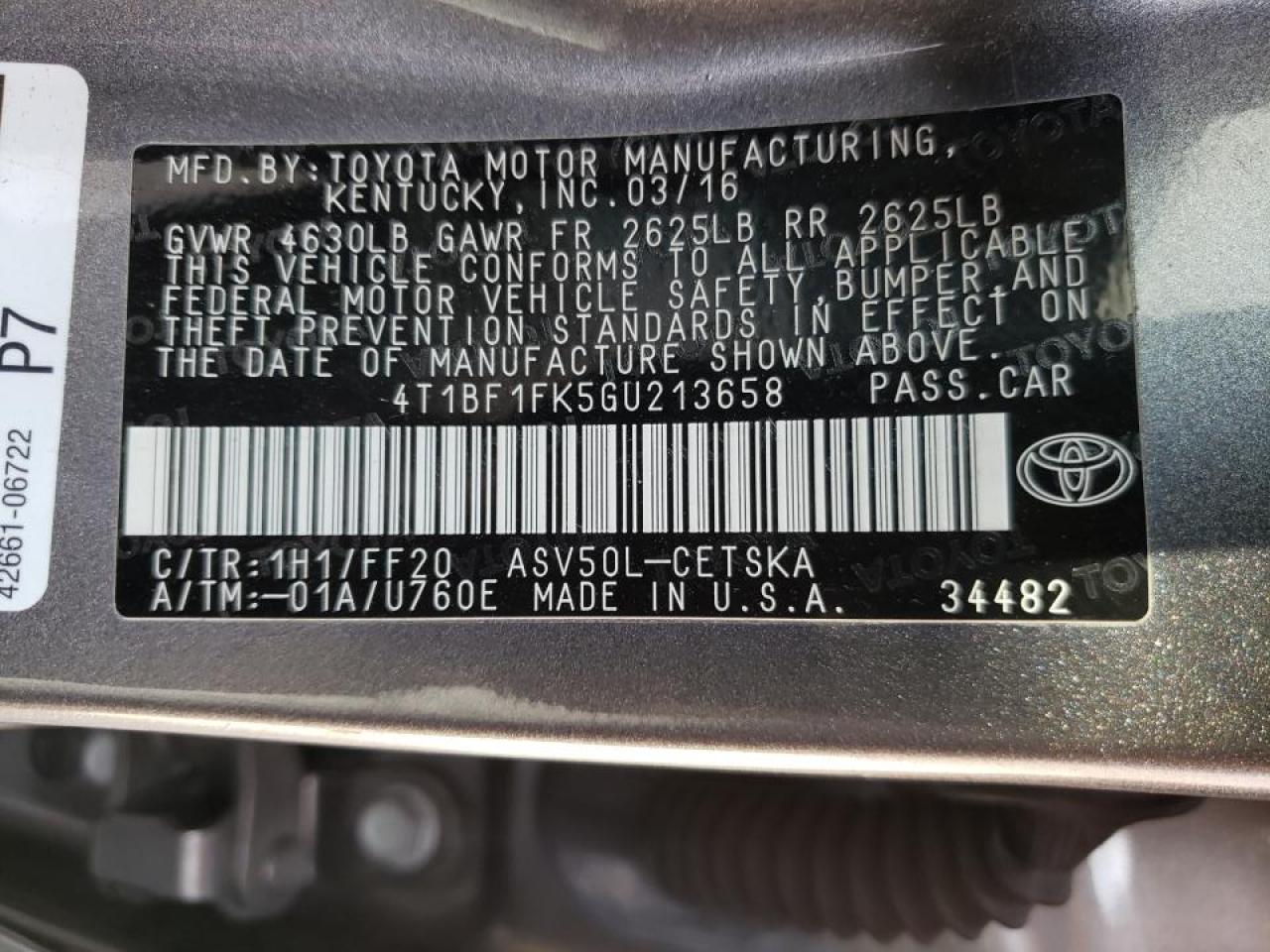 Photo 10 from auction – 2016 TOYOTA CAMRY LE with VIN 4T1BF1FK5GU213658