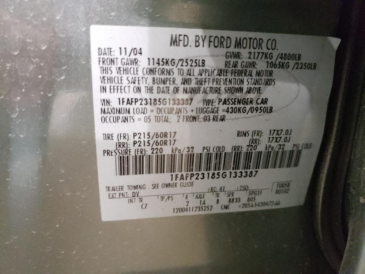 Photo 10 from auction – 2005 FORD FIVE HUNDR with VIN 1FAFP23185G133387