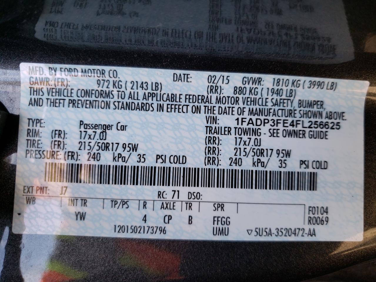 Photo 10 from auction – 2015 FORD FOCUS SE with VIN 1FADP3FE4FL256625