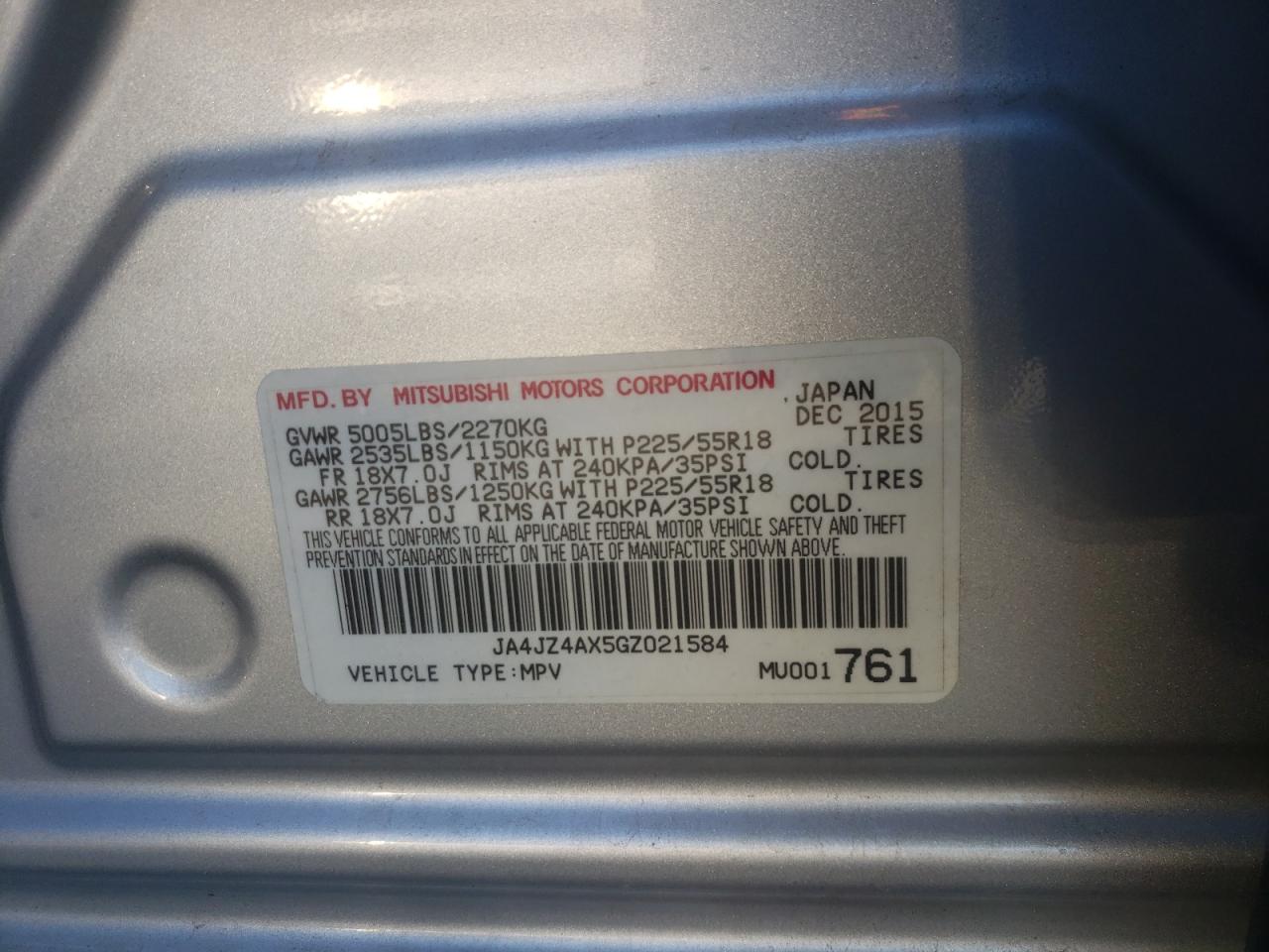 Photo 10 from auction – 2016 MITSUBISHI OUTLANDER with VIN JA4JZ4AX5GZ021584