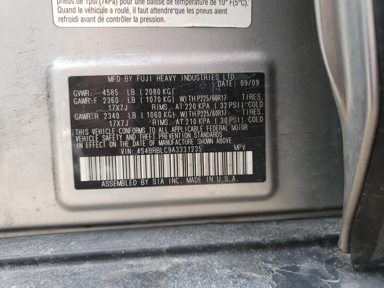Photo 10 from auction – 2010 SUBARU OUTBACK 2. with VIN 4S4BRBLC9A3331235