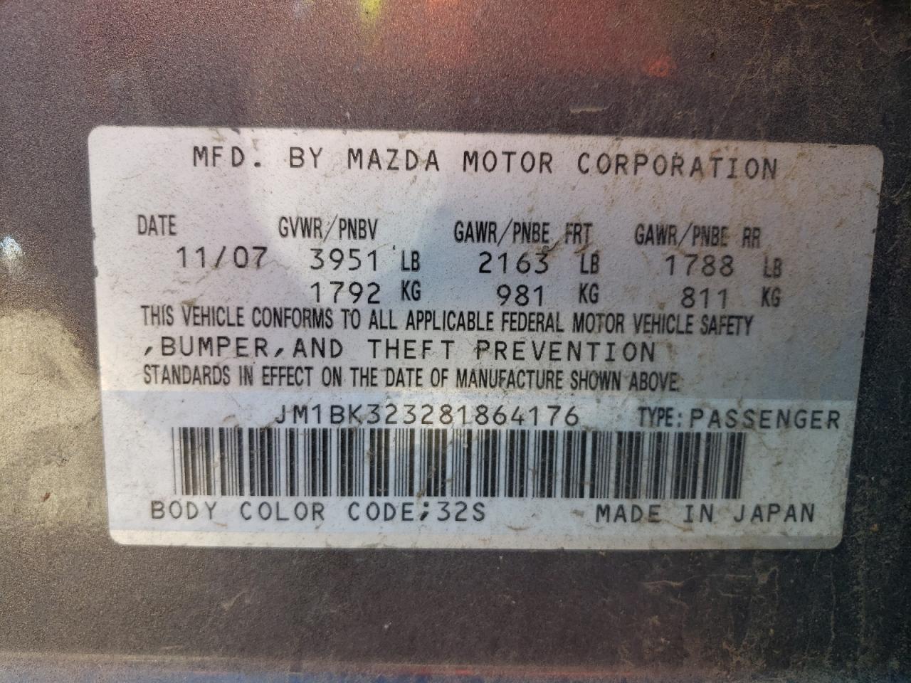 Photo 10 from auction – 2008 MAZDA 3 S with VIN JM1BK323281864176