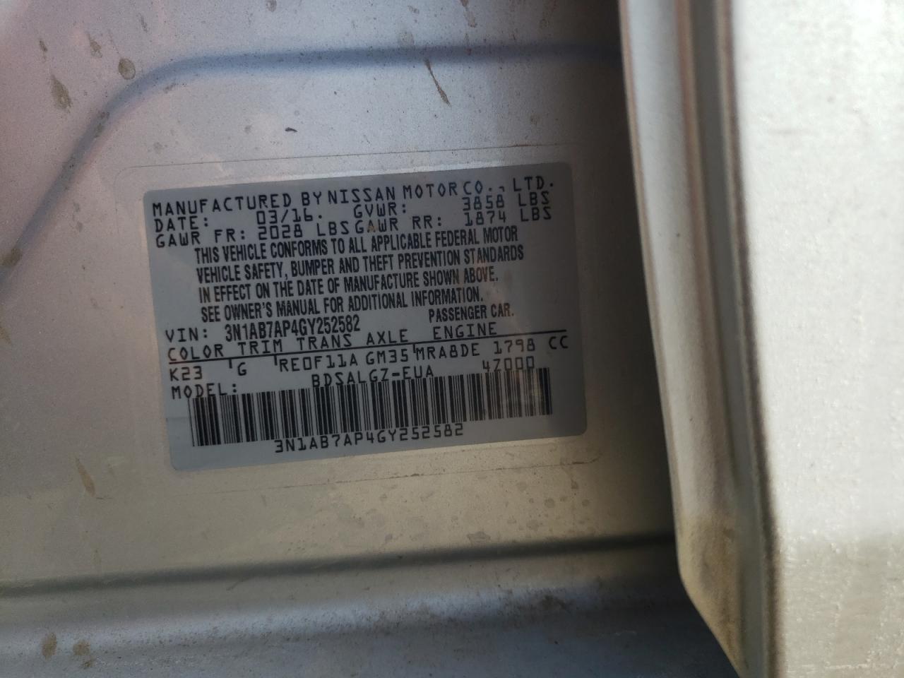 Photo 10 from auction – 2016 NISSAN SENTRA S with VIN 3N1AB7AP4GY252582