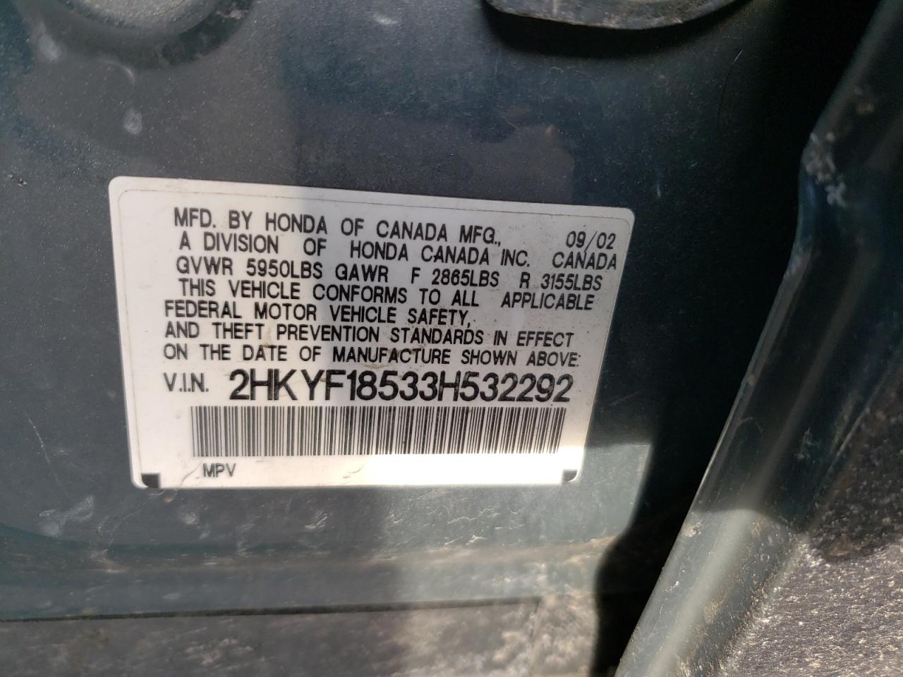 Photo 10 from auction – 2003 HONDA PILOT EXL with VIN 2HKYF18533H532292
