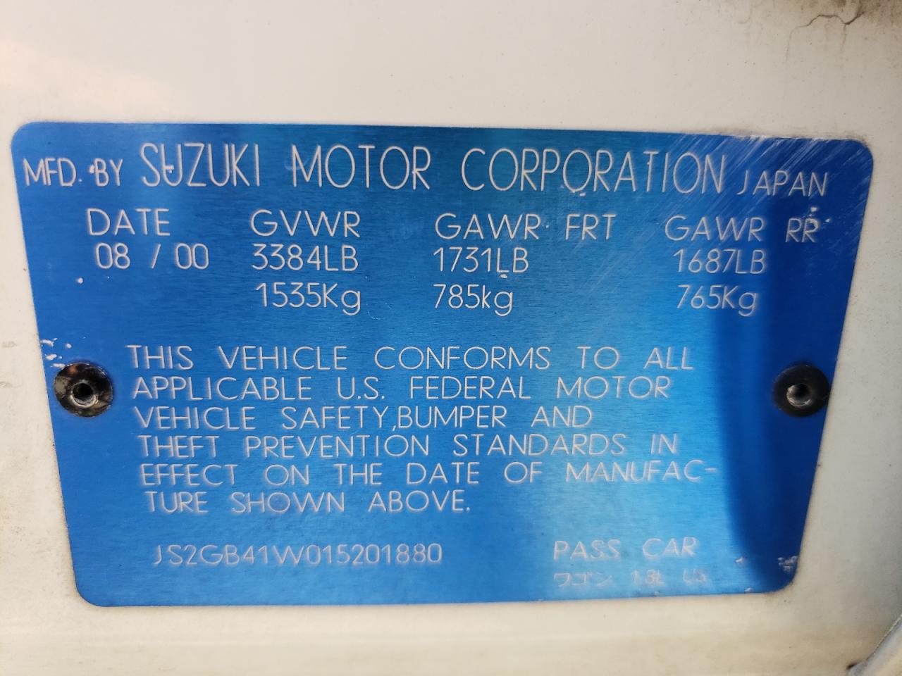 Photo 10 from auction – 2001 SUZUKI ESTEEM GL with VIN JS2GB41W015201880