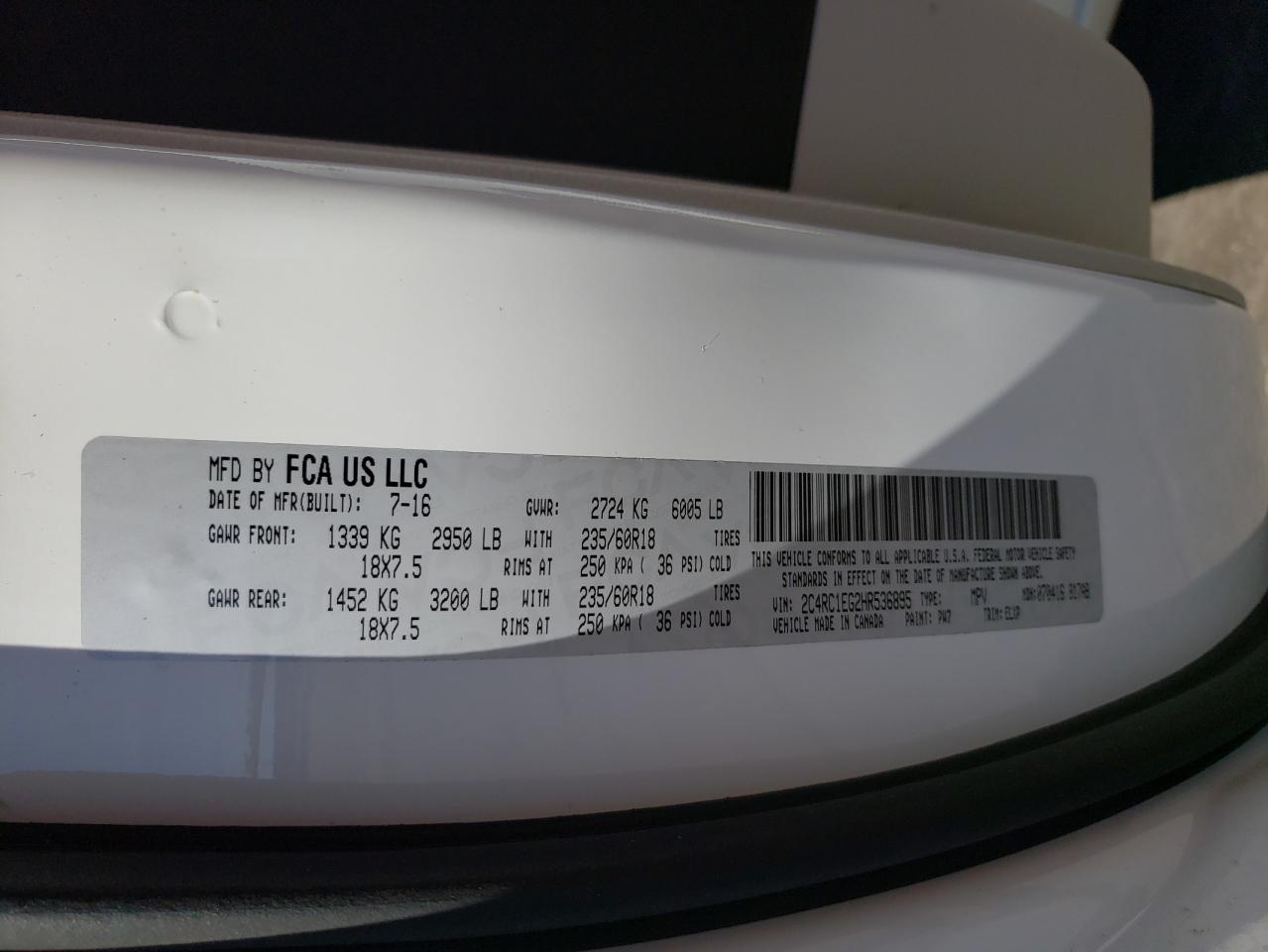 Photo 10 from auction – 2017 CHRYSLER PACIFICA T with VIN 2C4RC1EG2HR536895