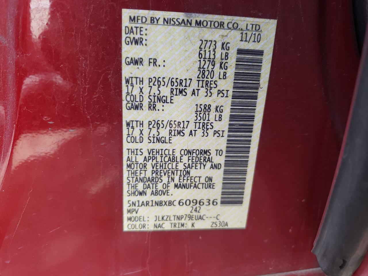 Photo 10 from auction – 2011 NISSAN PATHFINDER with VIN 5N1AR1NBXBC609636